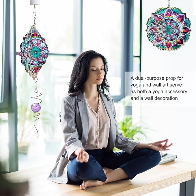 Goolyrusim Wind Spinner Mandala Jasmine, 12Inch Laser Cut Stainless Steel Wind Spinners, 3D Hanging Wind Sculptures for Yard and Garden Decoration Outdoor Decor Ornament, Mandala Gifts for Women Men