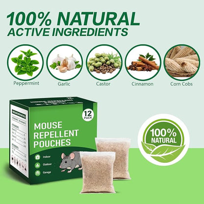 12 Pack Mouse Repellent Pouches - Natural Peppermint Oil, Long-Lasting Rodent Repellent - Safe for Pets & Family, Mice Repellent Indoor/Outdoor Use in Garage, Car & Garden
