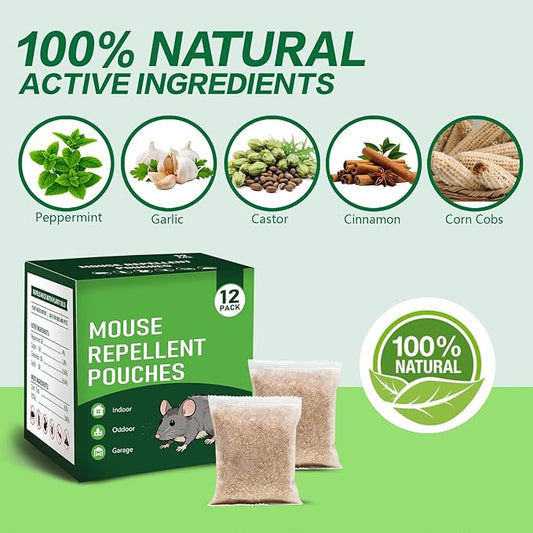 12 Pack Mouse Repellent Pouches - Natural Peppermint Oil, Long-Lasting Rodent Repellent - Safe for Pets & Family, Mice Repellent Indoor/Outdoor Use in Garage, Car & Garden