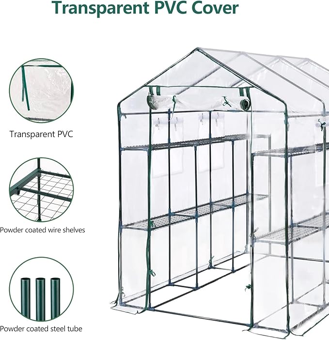 Greenhouse, 57 x 85 x 77'' Greenhouses for Outdoors, with Mesh Side Windows, PE Cover, 8 Shelves, Heavy Duty Walk in Green House for Backyard Garden Indoor, White& Green Outside