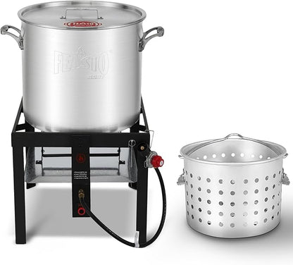 80QT Outdoor Propane Aluminum Boiling Pot with Basket, Crab Steaming, Crawfish Boil, Seafood Boil Pot, Crawfish Cooker, Low Country Boil Pot, Non-Assembly Frame Stand, CSA Certified
