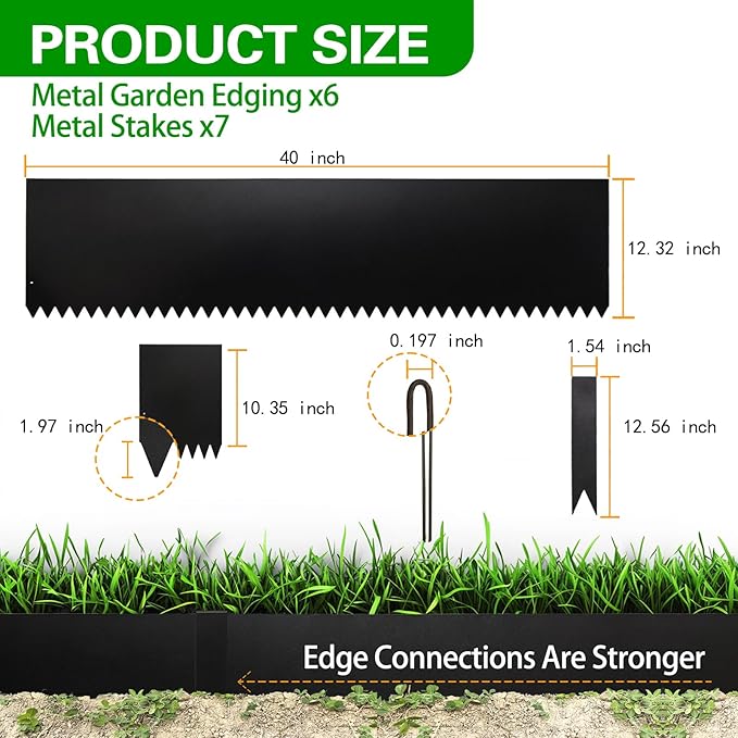 Metal Landscape Edging 6 Pack 40" L x 12.5" H,Galvanized Bendable Metal Garden Edging,Hammer- in Steel Landscape Edging with a Pair of Gloves and 7 Clips,Black (20 FT Total)