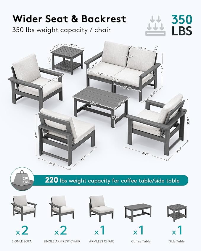 SERWALL HDPE Patio Furniture Set with 15FT Double Side Patio Umbrella, 7-Piece Outdoor Modular Sectional Sofa Set, All Weather Patio Couch Set for Deck, Lawn, Gray & Beige（Umbreall Base not Included）