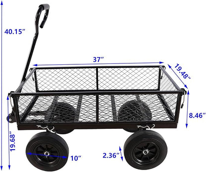 Heavy-Duty Solid Tire Garden Dump Cart - 4.86 cu. ft. Yard Wagon Cart with 600 LBS Capacity & Spacious Mesh Bed (37" x 19.5") - No-Flat Tires, Utility Wagon