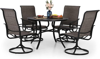 PHI VILLA Outdoor Patio Dining Set 5 Piece with 4 Padded Swivel Dining Chairs & 1 Large Round Dining Table, Textilene Mesh Fabric Chair and 42" Metal Table for All Weather