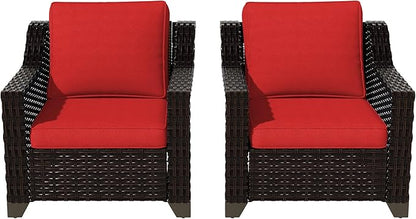 Vista Vibe 2 Pieces Outdoor Armchairs, Patio Conversation Furniture Set, Washable Cushions, Luxurious Hand-Woven PE Rattan, Garden, Bistro, Deck, Backyard (Brown/Red)