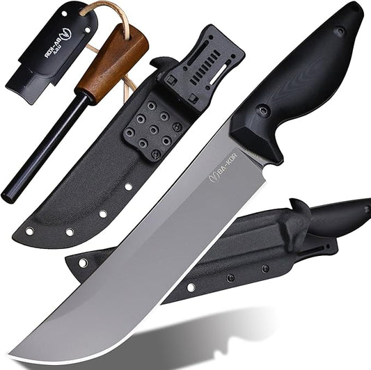 BA-KOR 5MM (9CR18MOV) steel 12.8'' full tang camping knife +K sheathing &5.9" cerium igniter can be used outdoors for outdoor hunting, camping, obstacle clearing, wood chopping, BBQ, fishing, kitchen cutting, EDC tools, gifts