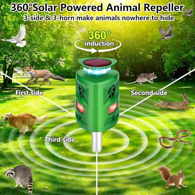360°Solar Ultrasonic Animal Repellent, Deer Repellent Devices Cat Repellent Outdoor, Waterproof Squirrel Raccoon Rabbit Skunk Dog & Bird Deterrent with Motion Sensor & Flashing Light for Garden Yard