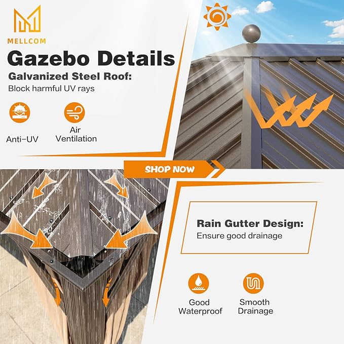 MELLCOM 12'x16' Hardtop Gazebo, Galvanized Steel Metal Double Roof Canopy with Curtains and Netting, Brown Permanent Pavilion Gazebos with Aluminum Frame for Garden, Patio, Lawns, Deck