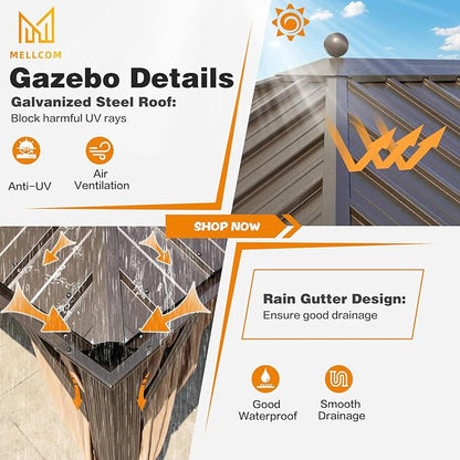 MELLCOM 12'x16' Hardtop Gazebo, Galvanized Steel Metal Double Roof Canopy with Curtains and Netting, Brown Permanent Pavilion Gazebos with Aluminum Frame for Garden, Patio, Lawns, Deck
