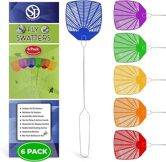 Supreme Bug & Fly Swatter 6-Pack – Braided Metal Handle 6 Pack Fly Swatters, Multi Pack Colors, – for Indoor/Outdoor – Flyswatter