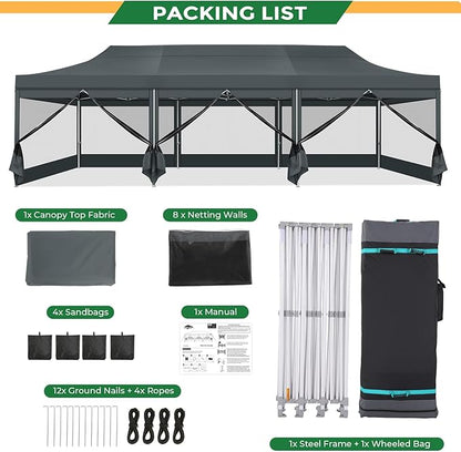 COBIZI 10x30 Heavy Duty Pop Up Canopy Tent with 8 Sidewalls, Commercial Gazebo Party Tent with Mosquito Netting Wall Easy Set Up Outdoor Instant Screen Tent for Backyard, Patio, Garden, Gray