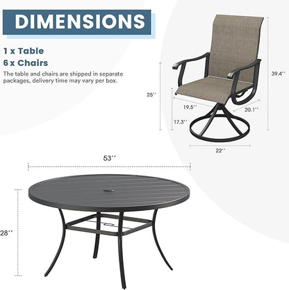 DIFY 7 Pieces Outdoor Patio Dining Set, 6 Brown Textilene Swivel Dining Chairs and 53" Black Round Metal Dining Table, Outdoor Table and Chairs