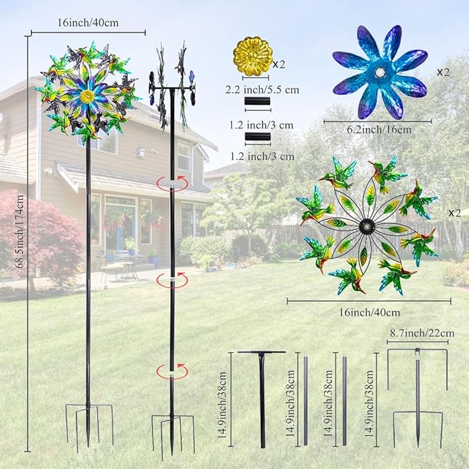 Hummingbird Wind Spinner, Metal Outdoor Wind Sculptures & Spinners, 68.5 Inch Double Windmill Spinner for Yard Lawn Garden Decor