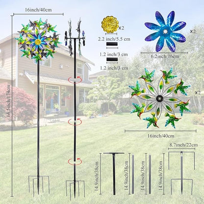 Hummingbird Wind Spinner, Metal Outdoor Wind Sculptures & Spinners, 68.5 Inch Double Windmill Spinner for Yard Lawn Garden Decor