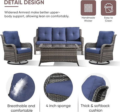 Patio Furniture 4 Piece, All-Weather PE Wicker Outdoor Furniture Set with Coffee Table,Outdoor Patio Furniture with Swivel Rocker Chairs and Outdoor Sofa