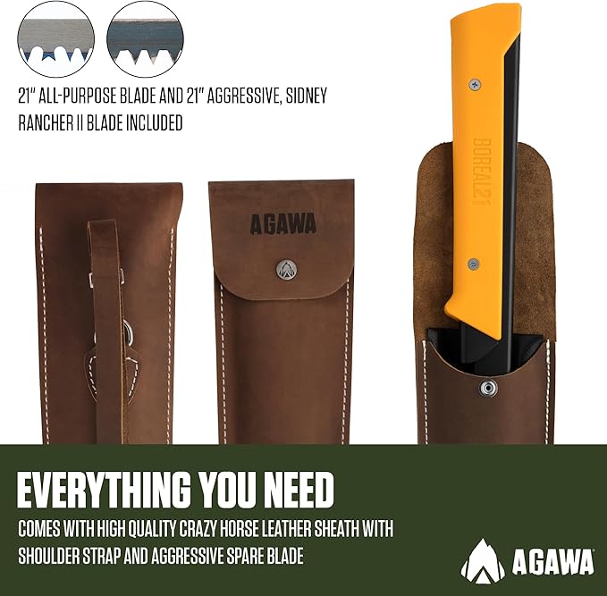 AGAWA - BOREAL21 Backwoods Kit - Includes 21" Folding Saw, Leather Sheath, 21" All-Purpose & 21" Aggressive Saw Blade - For Camping, Hunting & Survival Kit (Black Frame/Yellow Handle)