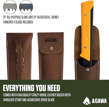 AGAWA - BOREAL21 Backwoods Kit - Includes 21" Folding Saw, Leather Sheath, 21" All-Purpose & 21" Aggressive Saw Blade - For Camping, Hunting & Survival Kit (Black Frame/Yellow Handle)