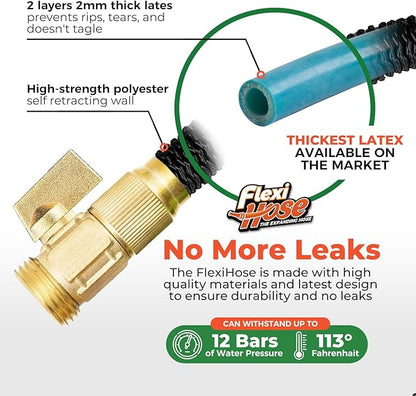 Flexi Hose Lightweight Expandable Garden Hose, No-Kink Flexibility, 3/4 Inch Solid Brass Fittings and Double Latex Core (100 FT, Black)