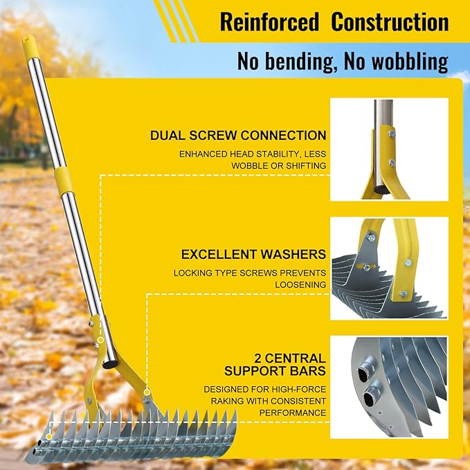 2 in 1 Rake: Stainless Steel Garden Rake for Leaves,Thatch,55” Heavy Duty 19 Tines Lawn Manual Dethatcher with Adjustable Head,Thatching Rakes for Lawn Yard Grass, Debris Removal, Soil Loosening