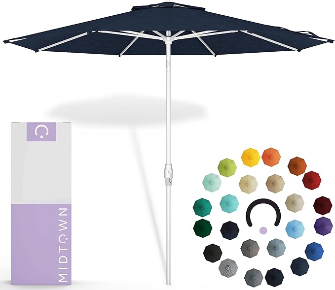Midtown Umbrellas The Swilt 8 Feet Patio Umbrella in Sunbrella Spectrum Indigo Acrylic Fabric - Fiberglass Ribs, Auto-Tilt Aluminum Frame For Backyard, Deck, Garden, Pool - White Pole