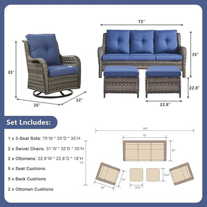 Rilyson 5 Piece Outdoor Patio Furniture Set - Rattan Wicker Patio Conversation Sets with 2 Swivel Rocker Chairs,2 Ottomans and 1 Sofa for Outside Porch Deck Backyard(Mixed Grey/Blue)
