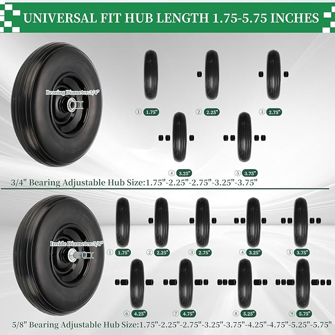 RRQ 4.00-6 Flat Free Tire and Wheel, 13" Solid Wheelbarrow Tire with 1.75" Centered Hub and 3/4" Bearings(Come with 5/8" ID Iron Tube Adapter), for Garden Cart, Trolley, Wheelbarrow Wheel Replacement