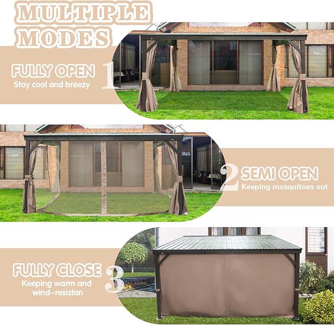 Domi 12x14FT Wall-Mounted Hardtop Gazebo, Aluminum Lean to Gazebo with Galvanized Steel Sloping Roof, Curtains & Netting for Outdoor Patio, Deck, Backyard, Garden Parties