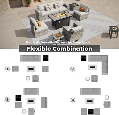 ovios 9 Pieces Patio Furniture Set, Outdoor Wicker Sectional Sofa with 42" Firepit Table Swivel Chair, Modern Modular Deep Seat Rattan Couch Conversation Sets, Beige