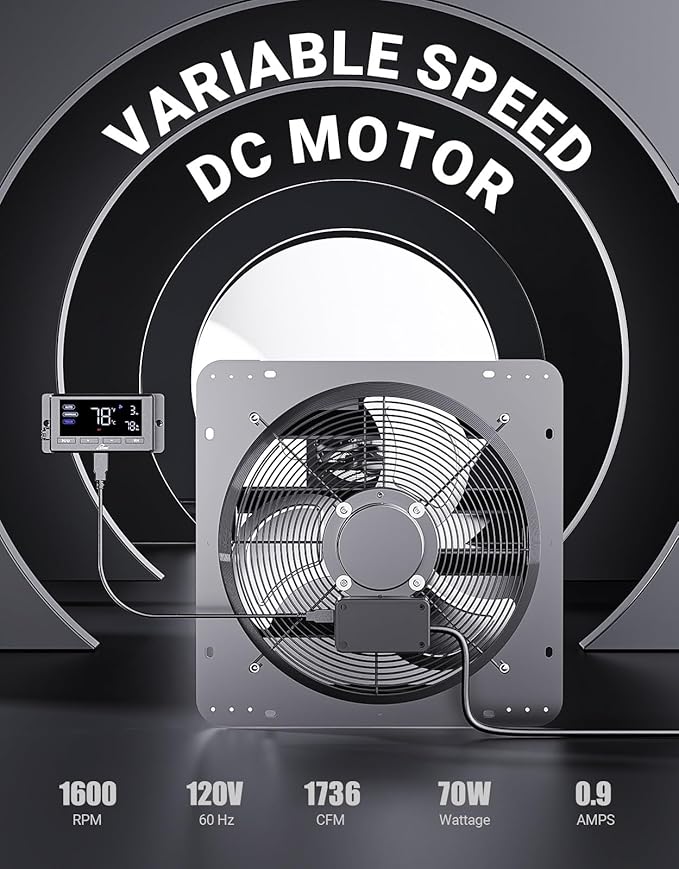 iLiving 16" Wall Mounted Shutter Exhaust Fan, Automatic Shutter, Temperature and Humidity Controls with Variable Speed, 1736 CFM at 1600 RPM DC Motor