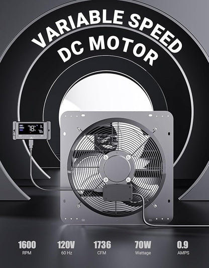 iLiving 16" Wall Mounted Shutter Exhaust Fan, Automatic Shutter, Temperature and Humidity Controls with Variable Speed, 1736 CFM at 1600 RPM DC Motor