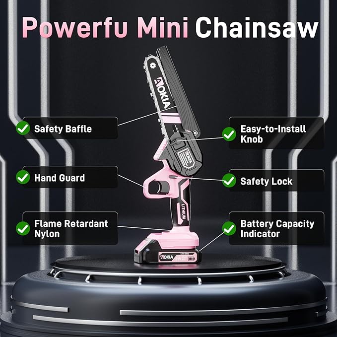 Cordless Mini Chainsaw 21V,6In Electric Chainsaw,Handheld & Portable Power Chain Saw for Tree Trimming Pruning Garden & Yard Work,2 Battery Chain Saw Gifts for Men Women Dad Pink