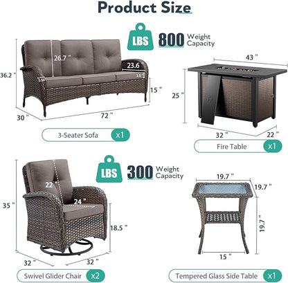 5 Piece Patio Furniture Set with Fire Pit Table - Wicker Patio Conversation Set with Swivel Glider, 3-Seat Sofa, Tempered Glass Side Table for Deck Backyard - Brown Wicker Grey Cushion