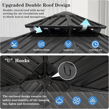 Endark 12x12FT Outdoor Hardtop Double Roof Gazebo with Galvanized Steel Roof, Heavy Duty Metal Frame Canopy with Mosquito Netting and Privacy Curtains (12 * 12FT)