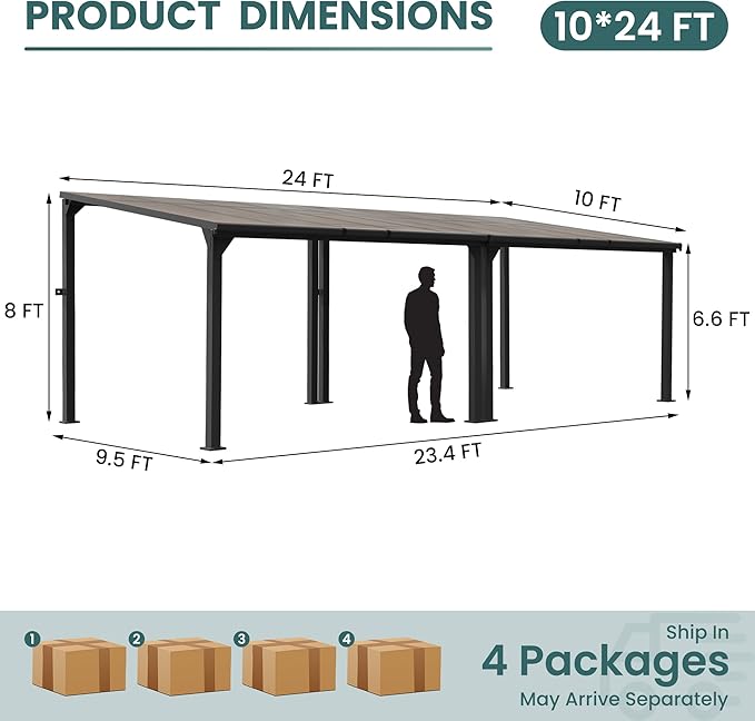 10 * 24FT Wall Mounted Gazebo,4*4 Inch Thickened Pillars & Enlarged Base,Outdoor Hardtop Lean to Pergola,UV Resistant Polycarbonate Roof,Aluminum Frame Pergola,Outdoor Patio Awnings for Lawn