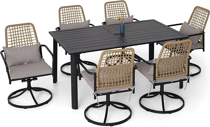 7-Piece Outdoor Dining Set, 6 Woven Swivel Chairs Set with Gray Cushions ＆ 63‘’ Rectangular Dining Table All Weather Furniture Set