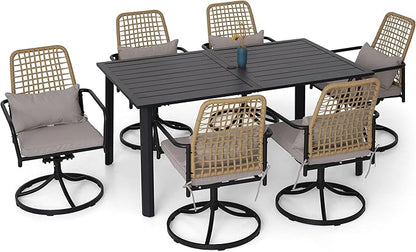 7-Piece Outdoor Dining Set, 6 Woven Swivel Chairs Set with Gray Cushions ＆ 63‘’ Rectangular Dining Table All Weather Furniture Set