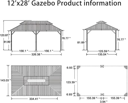 PURPLE LEAF 12' X 28' Outdoor Hardtop Gazebo Patio Wide Aluminum Frame Galvanized Steel Double Roof with Heavy Duty Netting and Curtains for Permanent Hard Top Pavilion Screen Khaki