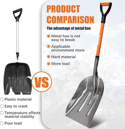 WIKER Aluminum Snow Shovel for Driveway, 45-Inch Large Capacity Blade, 3.5lbs Lightweight with Fiberglass D-Grip Handle, Heavy Duty Metal Snow Removal Tool for Home and Garden
