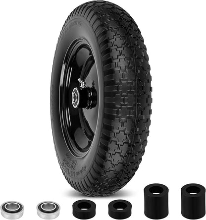 4.80/4.00-8" Flat Free Wheelbarrow Tire and Wheel, 14.5" Universal Fit Solid Tire with 5/8" or 3/4" Bearing, 3"-7" Hub, Adapter Kit Hand Truck Wheel Replacement for 3.50/2.50-8", 4.00-6"nhs etc