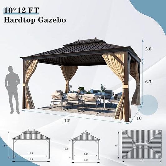 MELLCOM 10' x 12' Hardtop Gazebos, Brown Permanent Pavilion Gazebo with Curtains and Netting, Galvanized Steel Metal Double Roof with Aluminum Frame for Patio, Lawn & Garden