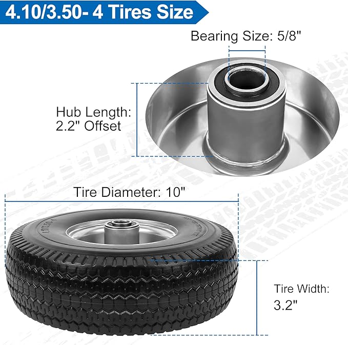 4.10/3.50-4" Flat Free Tires, 10 Inch Solid Tires and Wheels Replacement with 5/8" Axle Bore Hole, 2.2" Offset Hub for Hand Truck, Garden Cart, Lawn Cart, Wheelbarrow, 2 Pack