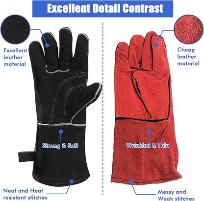 QeeLink Welding Gloves - Heat Resistant Leather and Fireproof Stitching for Fireplace Fire Pit Wood Stove BBQ Gardening Gear