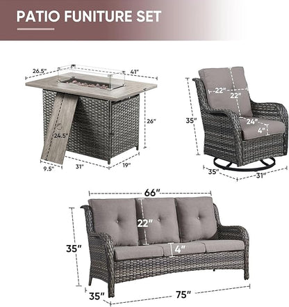 4 Piece Patio Furniture-with 50,000 BTU Gas Propane Fire Pit Table Outdoor Patio Furniture with Swivel Rocker Chairs,Outdoor Couch