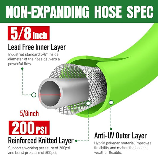 Garden Hose 25 ft x 5/8", NON-EXPANDING Flexible Water Hose, Kink Resistant Lightweight Hybrid Hose, Leakproof Yard Hose with Male to Female Fittings