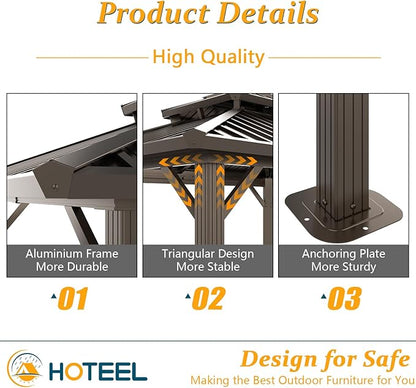 HOTEEL 10x12 Hardtop Gazebo Hot Tub Gazebo with Flame-Retardant Curtain Netting, Heavy Duty Pavilion with Galvanized Steel Double Roof, Aluminum Frame Outdoor Canopy for Patio, Party (2025 Upgraded)
