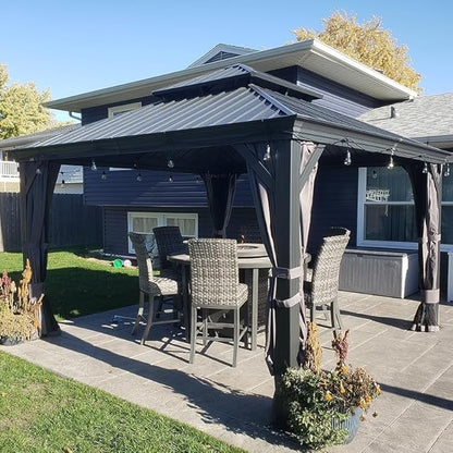 Domi 10'x12' Hardtop Gazebo Canopy,Outdoor Aluminum Gazebo with Galvanized Steel Double Roof,Curtain and Netting Included,Grey