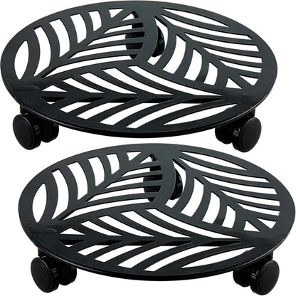 2 Packs Large Metal Plant Caddy with PU Wheels 12" Heavy-Duty Wrought Iron Rolling Plant Stands Indoor Outdoor Wheeled Plant Dolly Planter Mover Rollers Plant, Leaf Style