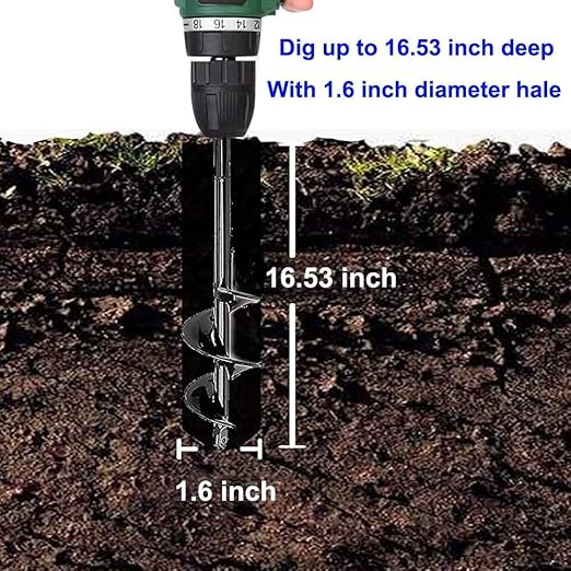Garden Auger Post Hole Digger 1.6 x 16.5 in Long Handle Bulb Planter Tool Solid Shaft Extend Spiral Planting Auger Drill Bit for Planting Bulbs Seedlings，Digging Holes Deep Cultivating