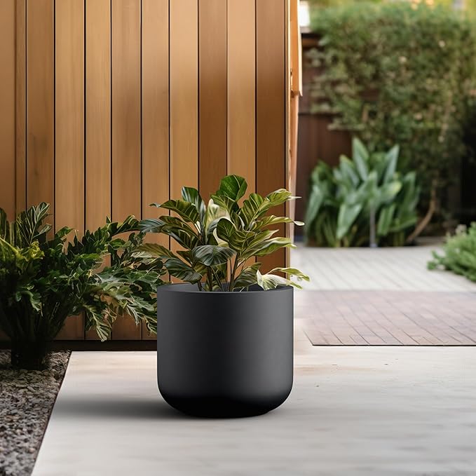 Kante 13.8-Inch Dia Round Concrete Planter, Indoor & Outdoor Garden Pot with Drainage Hole & Rubber Plug, Ideal for Flower and Tree, Black